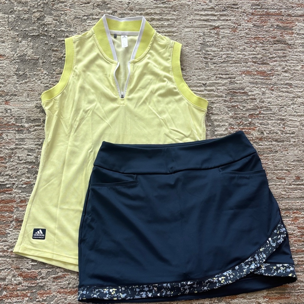 Adidas Ladies Golf set Lemon Sleeveless Top and Navy Skort. Both size s
